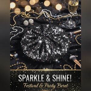 Black Sequin Beret Fitted Small Sparkle